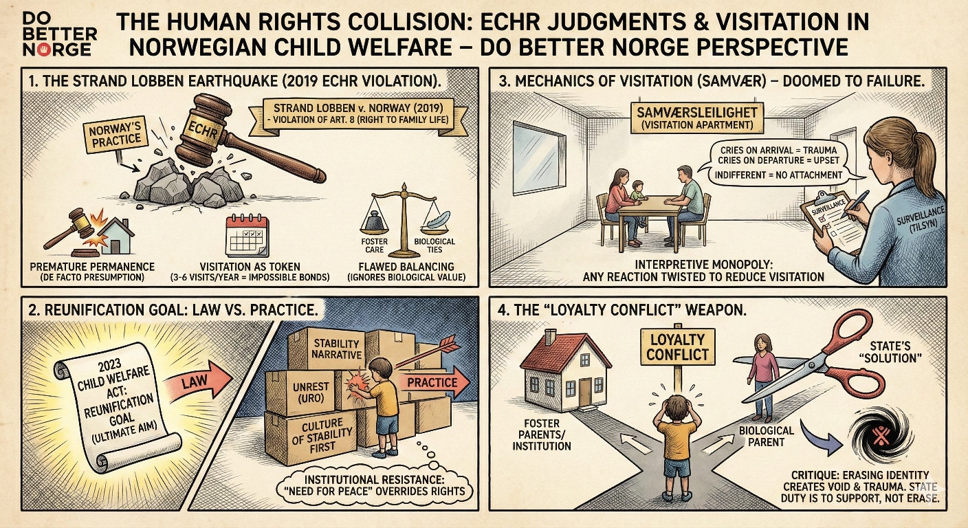 Abstract courthouse and family-rights imagery in Do Better Norge style